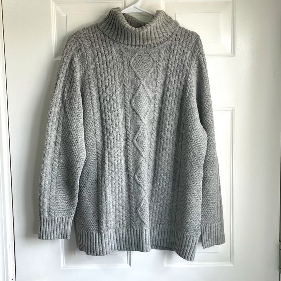 L.L. Bean Wool Blend Fisherman's Gray Sweater Cable Knit Pullover Turtlneck XL - Picture 1 of 7